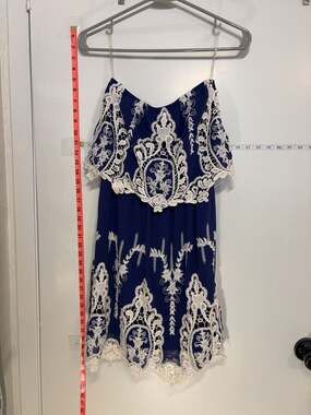 P1: Hot & Delicious Blue White Embroidered Lace Off-Shoulder Dress S